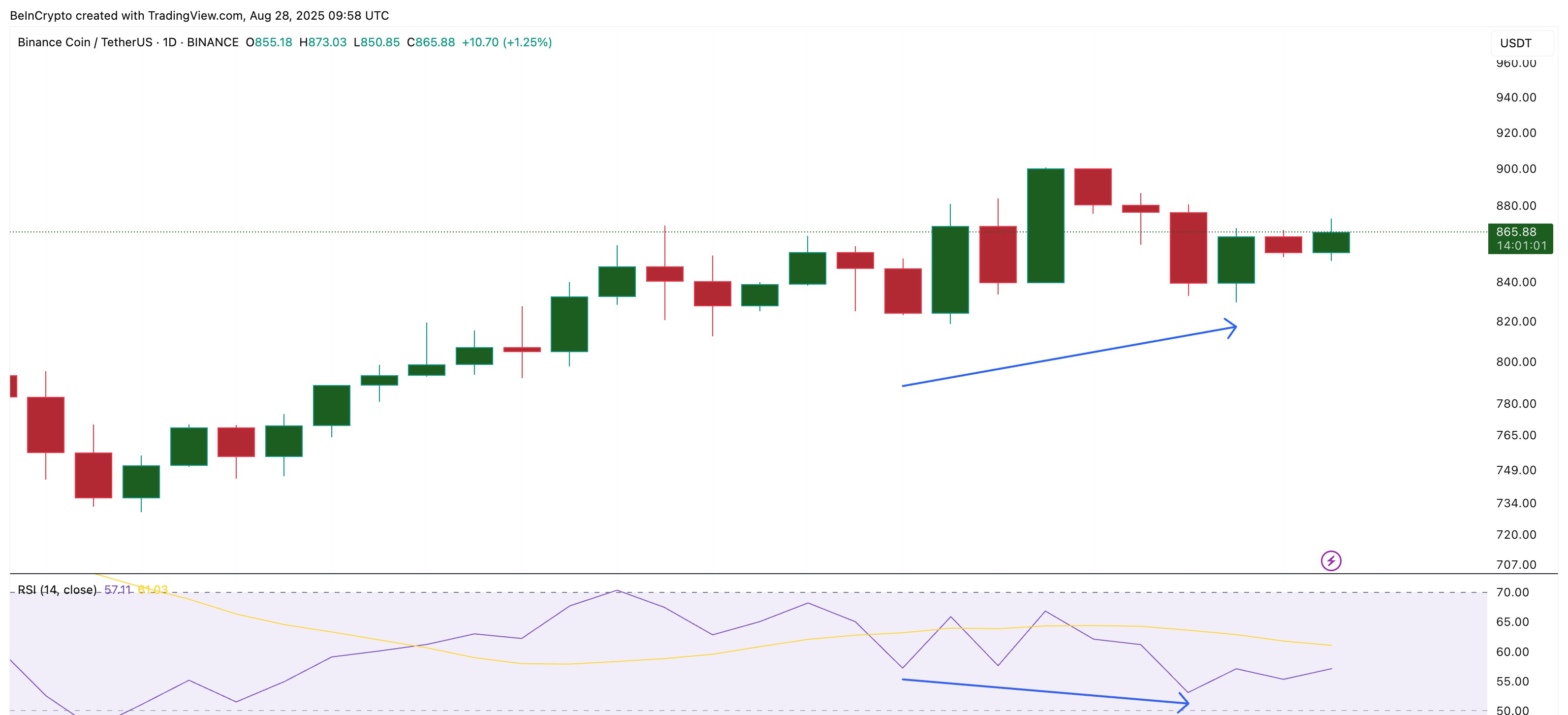 BNB 가격과 숨겨진 강세의 다이버전스