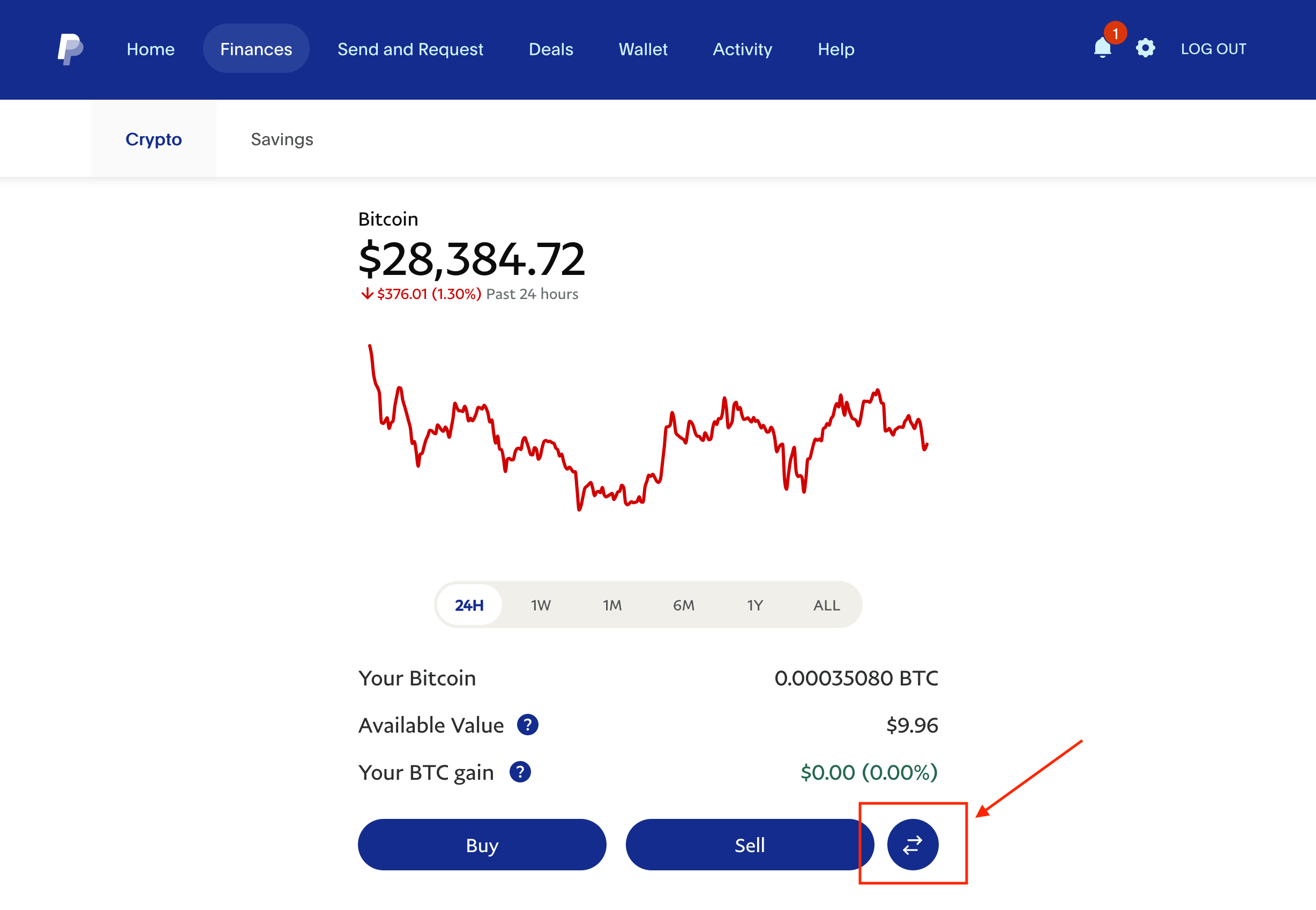 PayPal transfer arrows icon highlighted