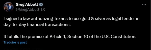 Governador do Texas assina lei que reconhece ouro e prata como moedas legais