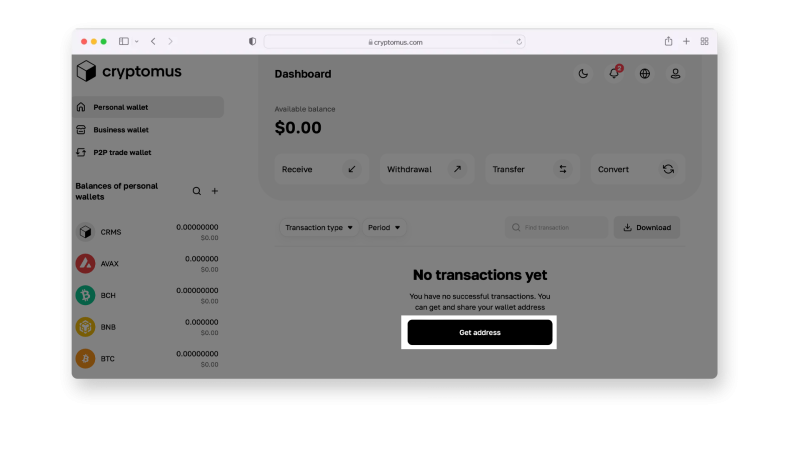 Cryptomus cüzdanında adres oluşturma