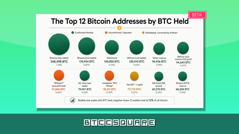 ビットコイン上位12アドレスが135万BTCを掌握：真の保有者と市場への影響を徹底解剖