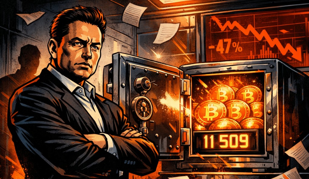 Homem em traje formal diante de um cofre cheio de Bitcoins, com gráfico financeiro em queda ao fundo.