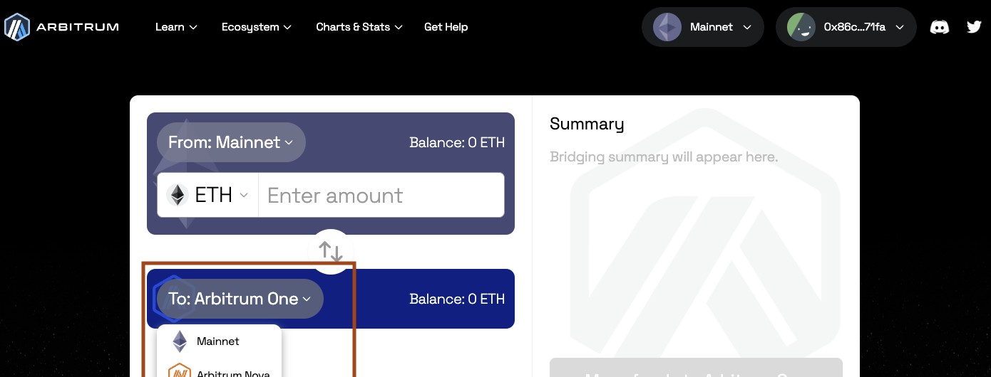 Interface du pont Arbitrum