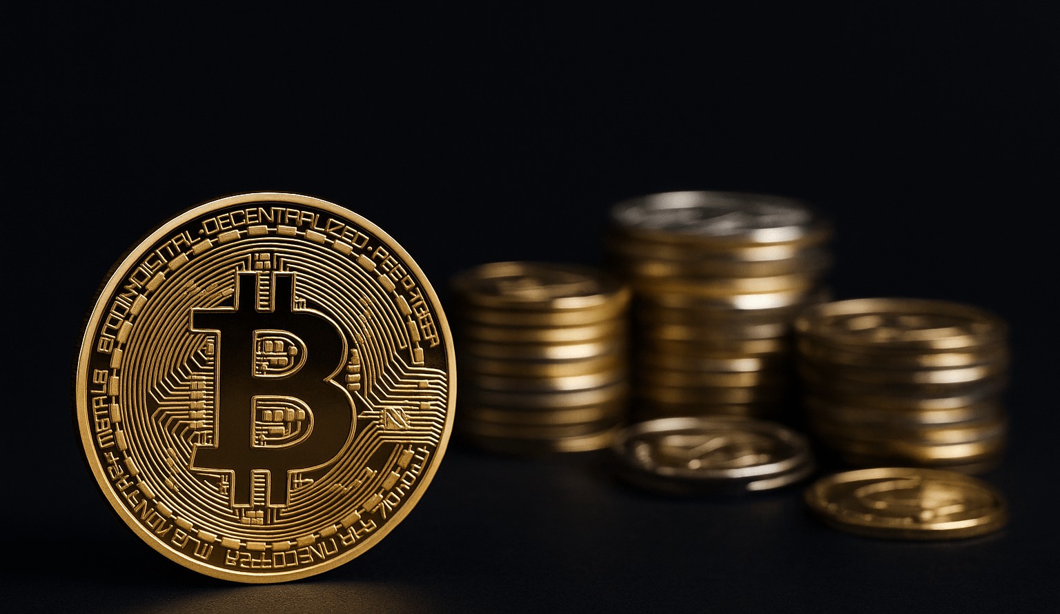 Un Bitcoin devant une pile de Bitcoins