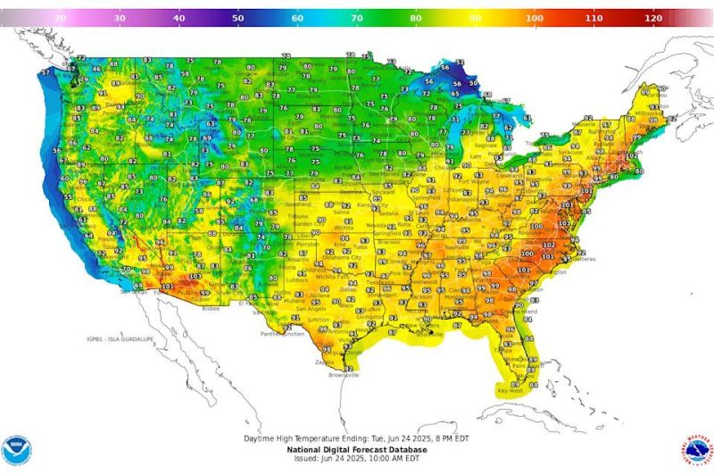 Temp&eacute;rature Maximale Diurne aux &Eacute;tats-Unis. Source: National Digital Forecast Database (NDFD)