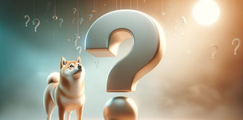 Shiba Inu dog looking up at large question mark with small question marks in background