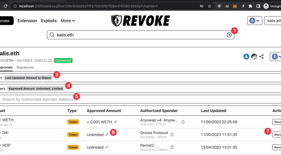 Revoke.cash arayüzü
