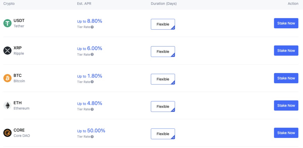 Interface de Staking na MEXC mostrando opções flexíveis e fixas
