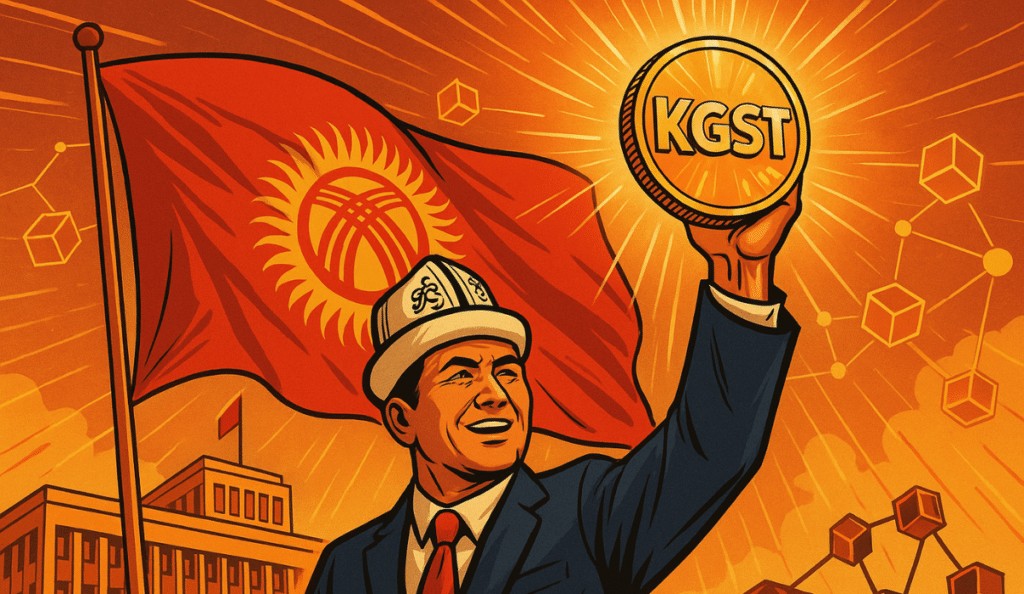 Un hombre kirghize souriant brandit una pièce “KGST” dorée devant le drapeau national, baigné de lumière orange éclatante.