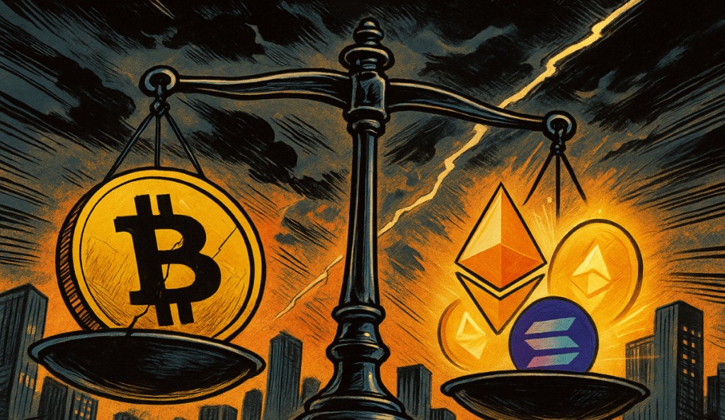 Ilustraci&oacute;n de estilo c&oacute;mic representando una balanza bajo un cielo naranja tormentoso, donde una moneda Bitcoin agrietada se hunde en un lado mientras altcoins brillantes como Ethereum y Solana se elevan del otro.
