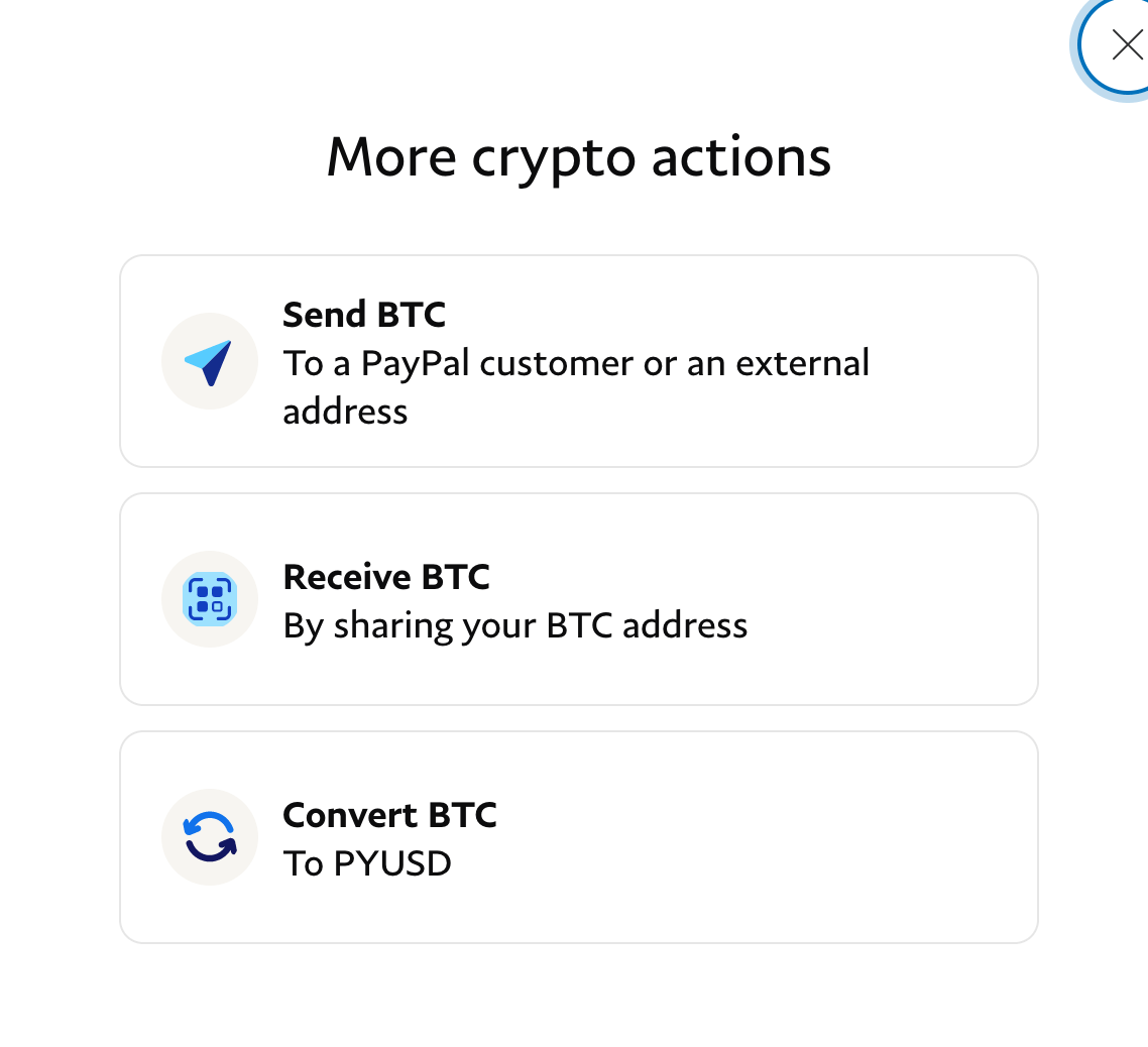 PayPal Send BTC option screen