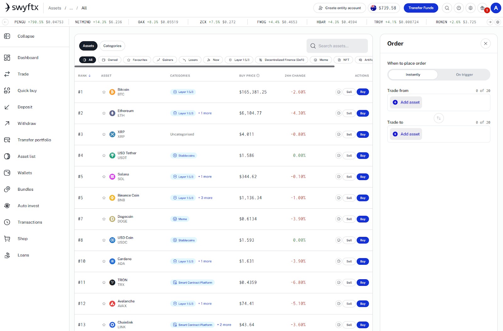 Selección de criptomonedas en Swyftx