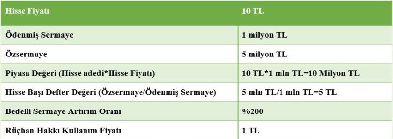 Bedelli Sermaye Artırımı Örneği Tablosu