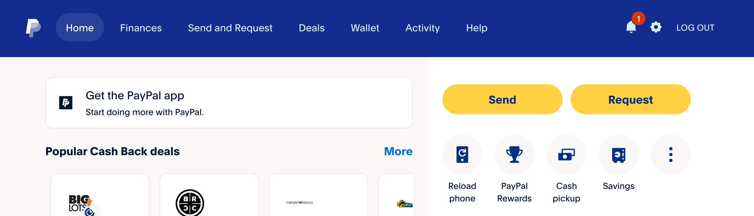PayPal Finances tab interface