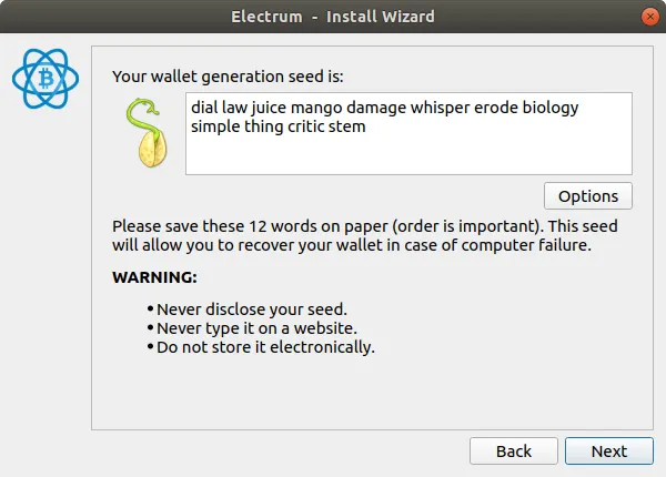 Electrum seed generation screen