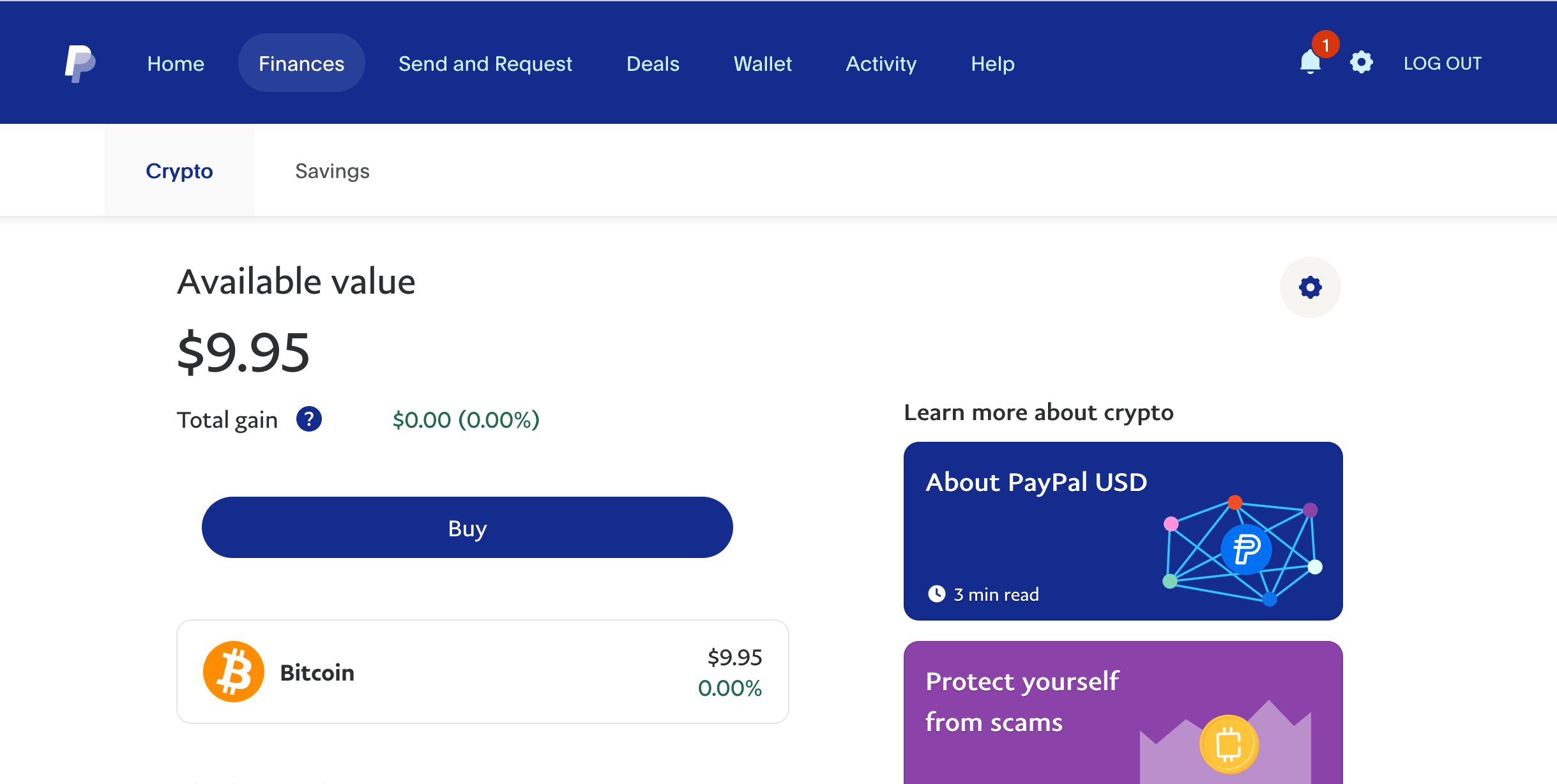 Bitcoin balance screen in PayPal